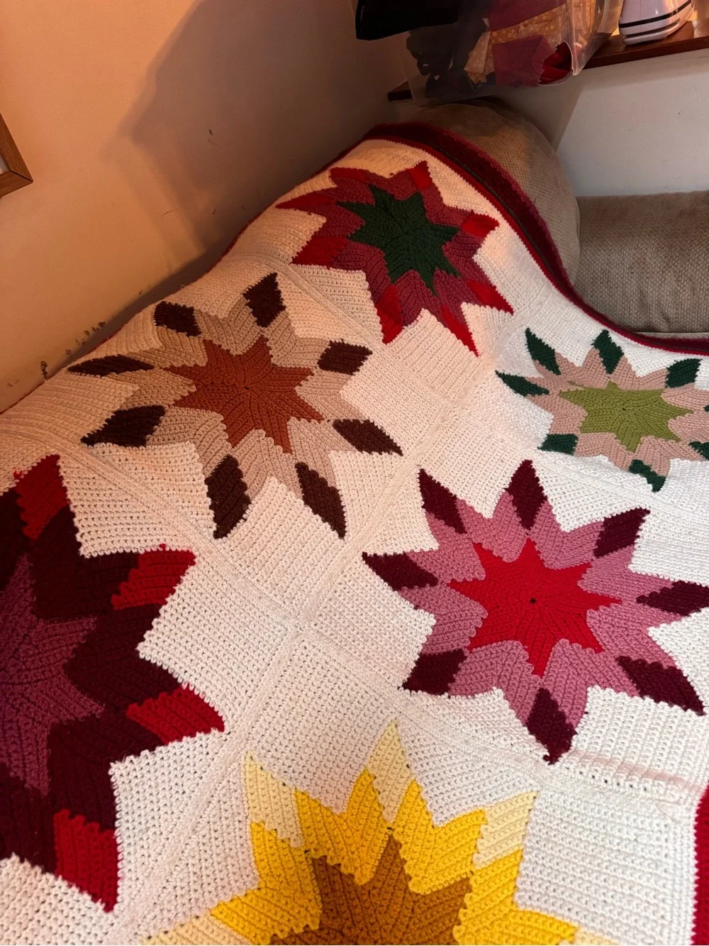 Handmade crochet point stars afghan blanket 77.5 by 45